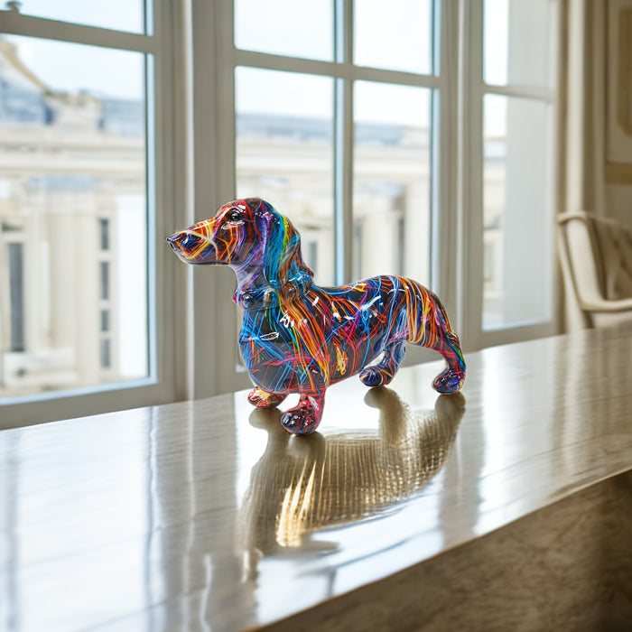 Colorful Dachshund statue by Belro, decorative figurine for home and garden decor, featuring vibrant colors and detailed craftsmanship.