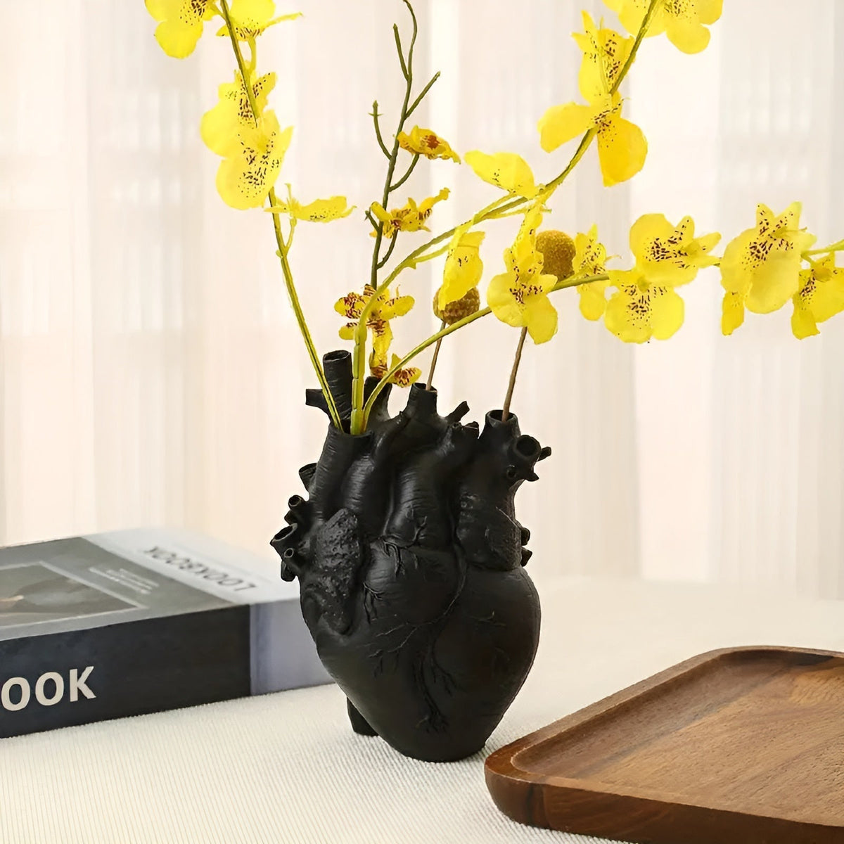 Heart-shaped bamboo and wood vase by Belro, decorative home and garden vase with natural textures and warm tones.