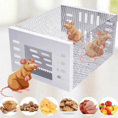 Belro human mouse trap with reusable and safe design for pest control, shown in a home and garden setting.