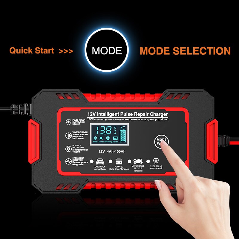 Belro 12V 6A car battery charger with LCD display, pulse repair function, and compact electronic power charger for vehicle batteries.
