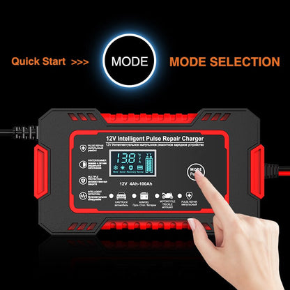 Belro 12V 6A car battery charger with LCD display, pulse repair function, and compact electronic power charger for vehicle batteries.