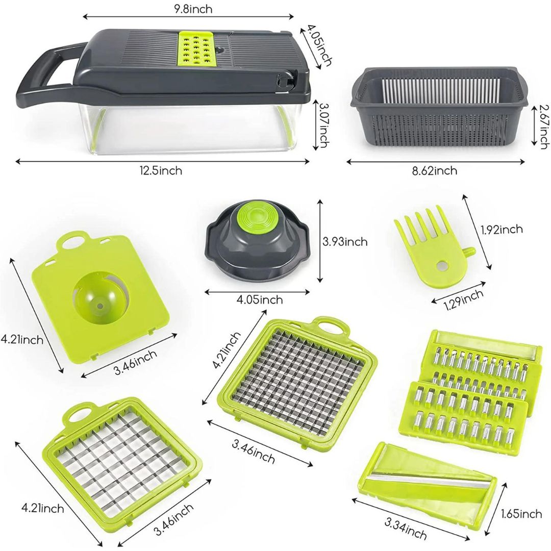 Belro 18-in-1 vegetable slicer with multiple blades for kitchen prep, featuring stainless steel components and ergonomic design.