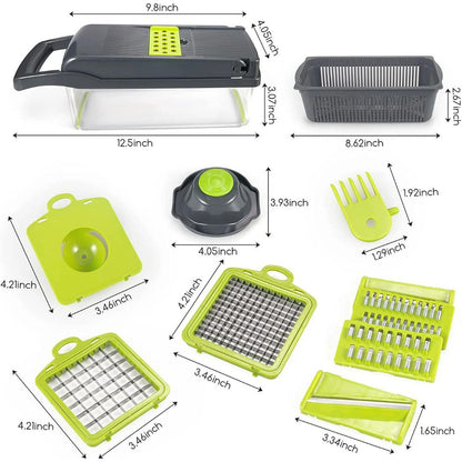 Belro 18-in-1 vegetable slicer with multiple blades for kitchen prep, featuring stainless steel components and ergonomic design.