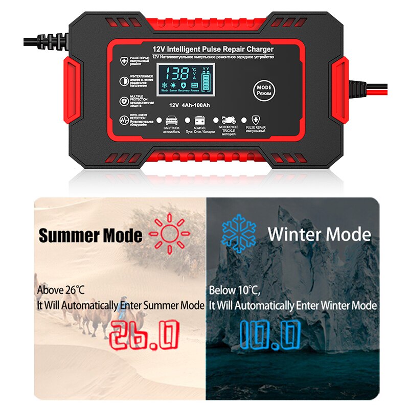 Belro 12V 6A car battery charger with LCD display, pulse repair feature, and compact design for vehicle battery charging.