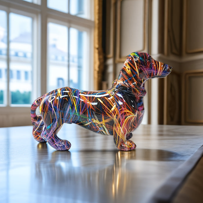Colorful Dachshund statue by Belro, decorative figurine for home and garden decor, featuring vibrant painted details.