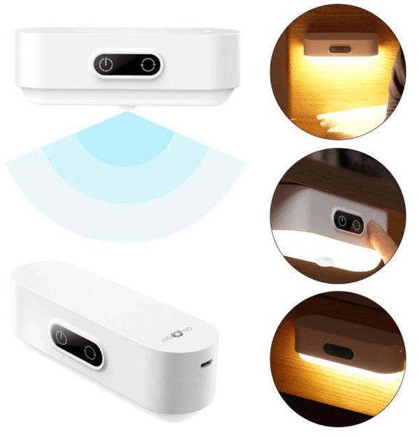 Belro LED motion detector nightlight illuminating a hallway with a sleek white design and built-in motion sensor.