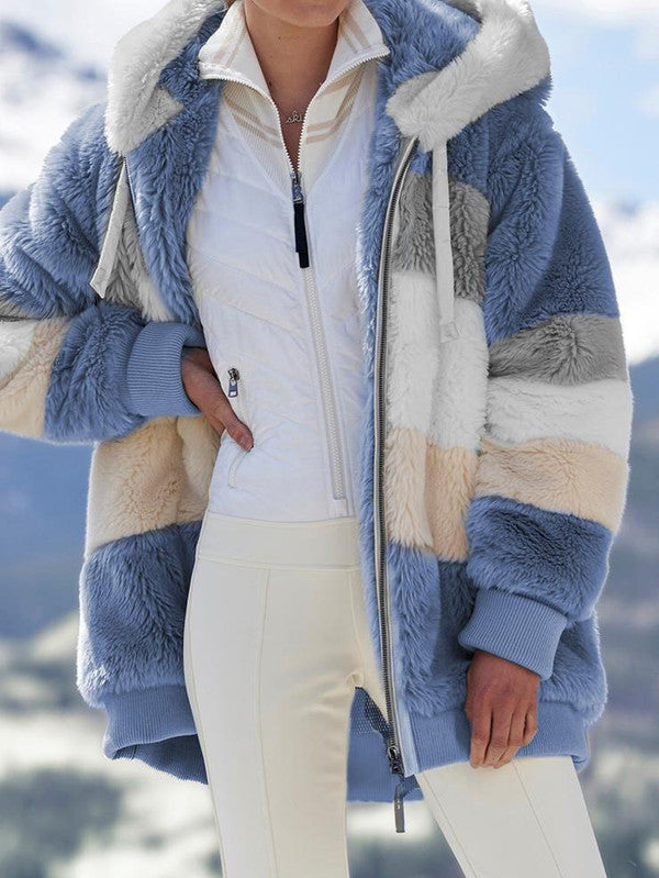 Multicolored Belro hooded coat with a stylish design, featuring a front zipper and adjustable hood, worn by a model.