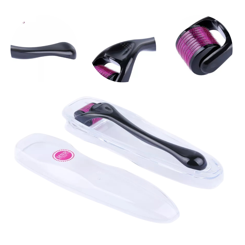 Belro dermal roller for hair and beard growth, showing a close-up of the skin with the micro-needling roller in use.