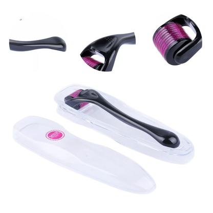 Belro dermal roller for hair and beard growth, showing a close-up of the skin with the micro-needling roller in use.
