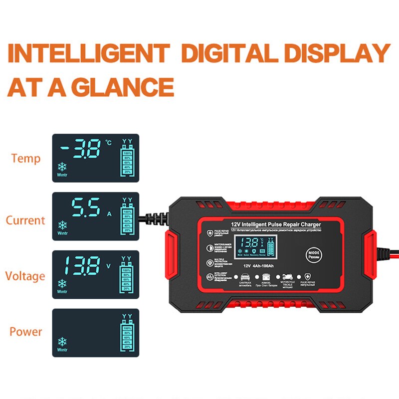 Belro 12V 6A car battery charger with pulse repair, LCD display, compact electronics charger for vehicle batteries.