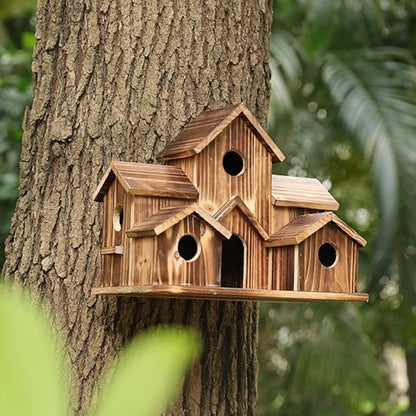 Handcrafted wooden birdhouse with six entrance holes, decorative garden decor by Belro for attracting birds to outdoor spaces.