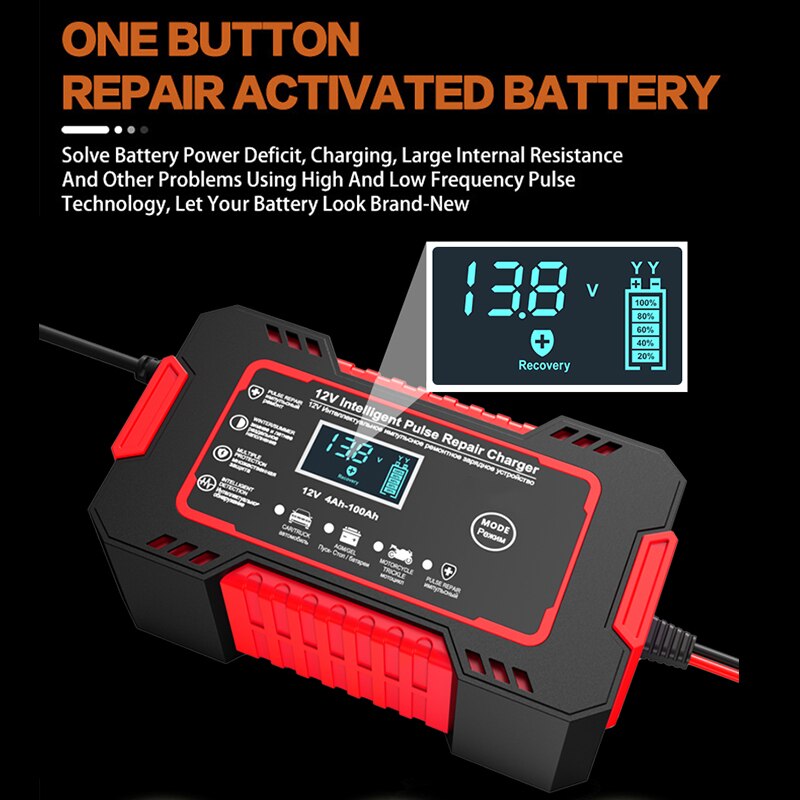 Belro 12V 6A car battery charger with LCD display and pulse repair function, designed for automotive power charging.