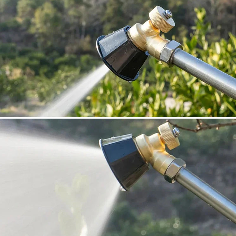 Belro high-pressure air swirl nozzle for cleaning, shown attached to a hose with a focused airflow in use.
