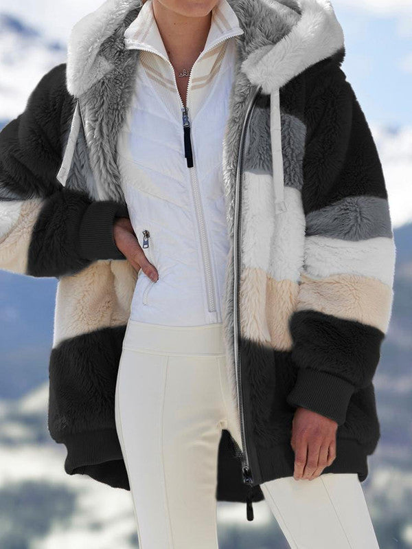 Multicolored hooded coat by Belro featuring vibrant patchwork design and a cozy, casual fit for stylish outdoor wear.