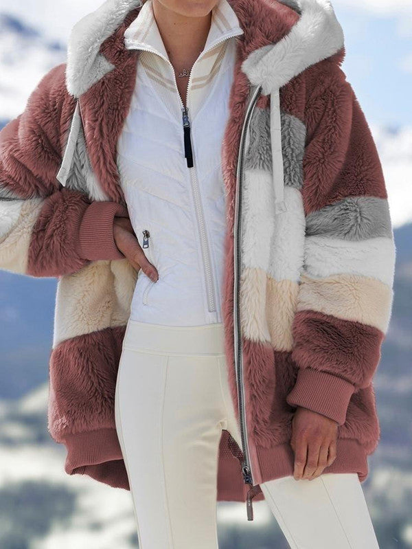 Multicolored Belro hooded coat with a vibrant, patterned design, featuring a front zipper and adjustable hood.
