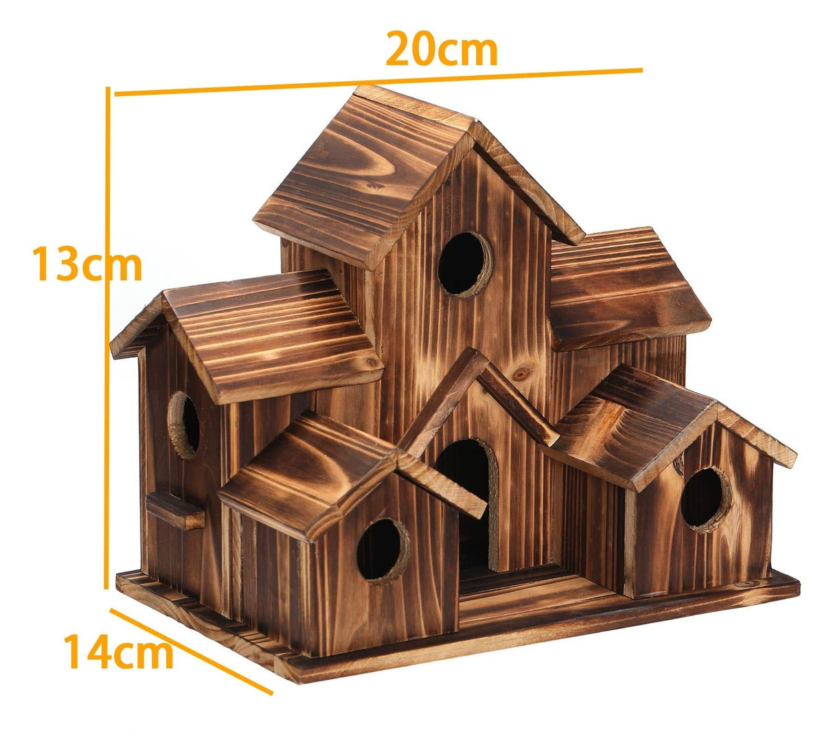 Handcrafted wooden birdhouse with six entrances, featuring a natural finish and decorative details, ideal for garden decor.