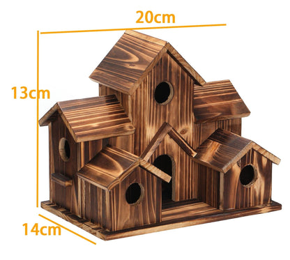 Handcrafted wooden birdhouse with six entrances, featuring a natural finish and decorative details, ideal for garden decor.