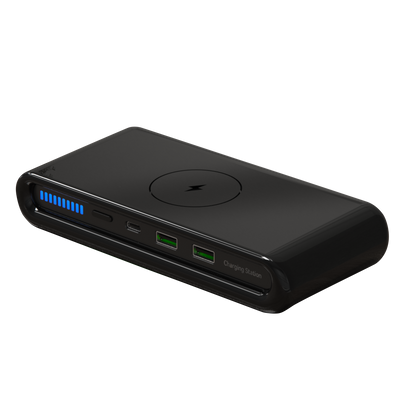 Mivoza Deutschland 4-in-1 wireless charging station with multiple device charging ports and integrated desk organizer.