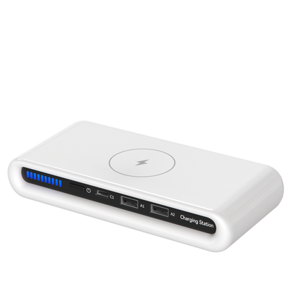 Mivoza Deutschland 4-in-1 wireless charging station with multiple device charging ports and a desk organizer for fast, convenient charging.