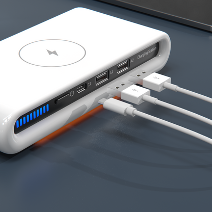 Mivoza Deutschland 4-in-1 wireless charging station with multiple device charging ports and desk organizer for fast, convenient charging.