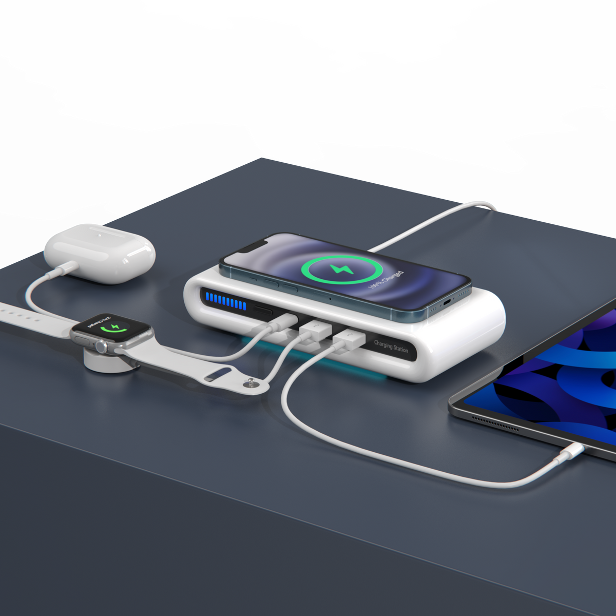 Mivoza Deutschland 4-in-1 wireless charging station with multi-device fast charging and desk organizer for electronics.