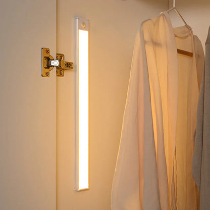 Belro motion sensor closet cabinet light mounted inside a wooden cabinet, providing automatic illumination for home storage spaces.
