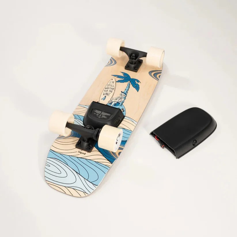 Casavibeo Liquid Skateboard LQS-1 with battery compartment open, showcasing the electronic components and deck design.
