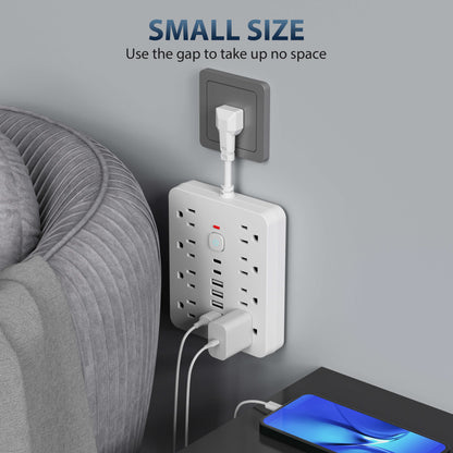 Belro 14-in-1 power strip with surge protection showing multiple outlets and USB ports for electronics and charging devices