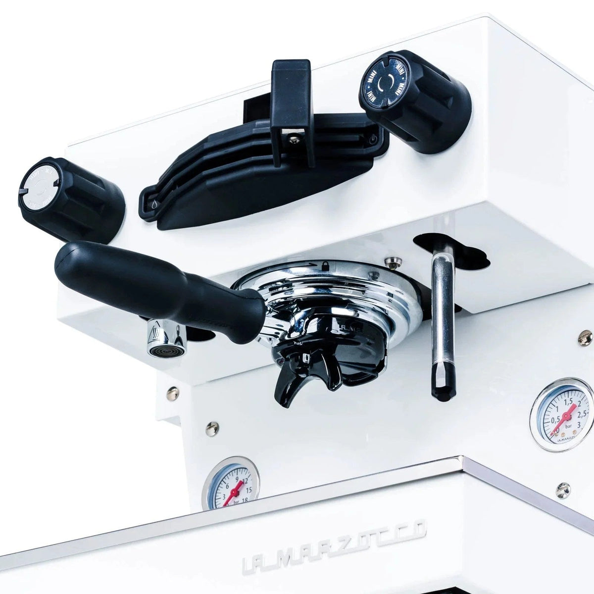 White La Marzocco Linea Mini espresso machine with sleek design, detailed view of the front panel and portafilter.