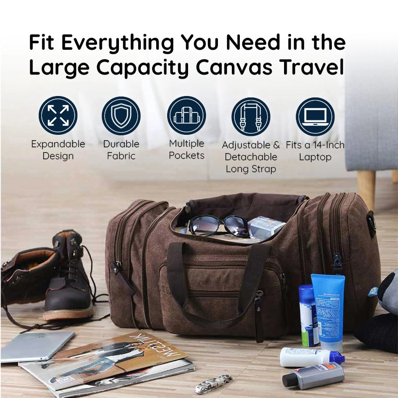 Large Belro canvas travel duffel bag with spacious main compartment and sturdy handles, ideal for weekend trips and travel.