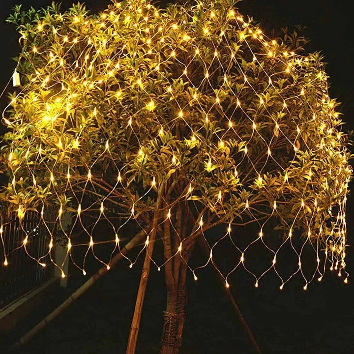 Belro LED net lights for outdoor decor, ideal for weddings, parties, and garden wall backgrounds, creating romantic lighting effects.