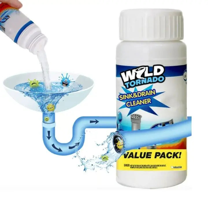 Mivoza powerful drain cleaner bottle for removing grease, hair, and blockages from home kitchen pipes.