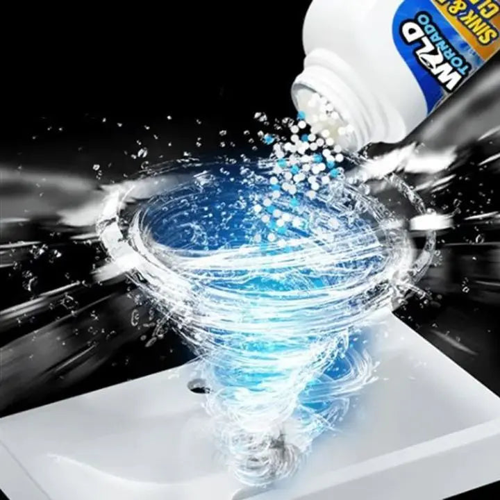 Mivoza powerful drain cleaner removing grease, hair, and blockages from kitchen drain pipe in a home setting.