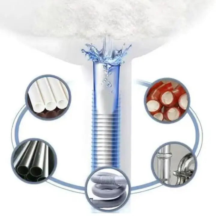 Mivoza powerful drain cleaner removing grease, hair, and blockages from a kitchen drain pipe in a home cleaning setting.