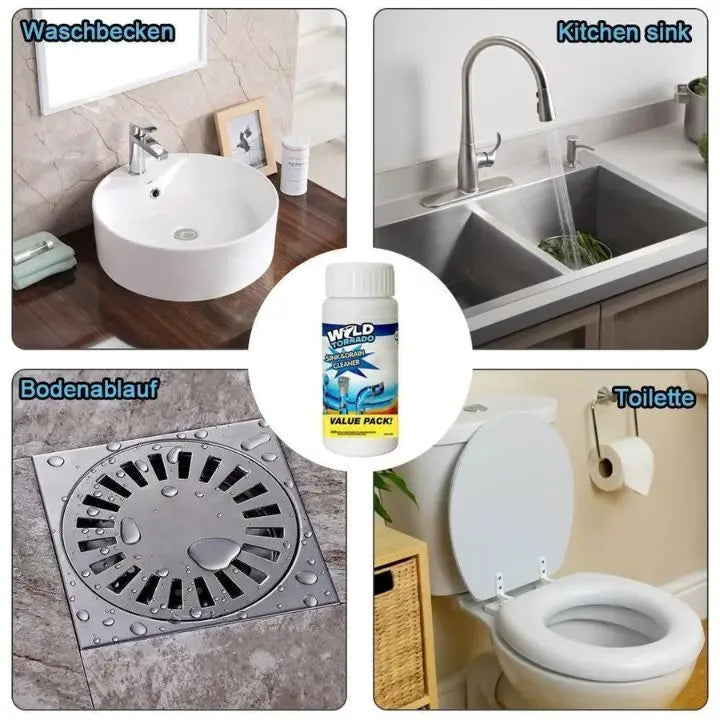 Mivoza powerful drain cleaner bottle for removing grease, hair, and blockages in kitchen and bathroom drains.
