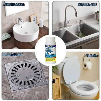 Mivoza powerful drain cleaner bottle for removing grease, hair, and blockages in kitchen and bathroom drains.