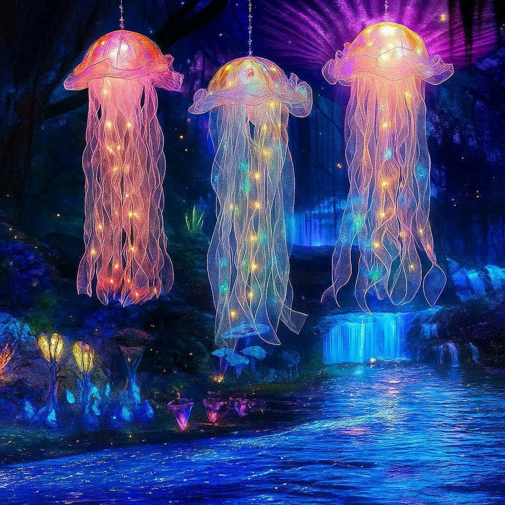 Color-changing glowing jellyfish decorative light by Mivoza, hanging LED lamp creating atmospheric ambiance in home and garden.