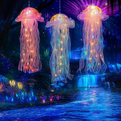 Color-changing glowing jellyfish decorative light by Mivoza, hanging LED lamp creating atmospheric ambiance in home and garden.