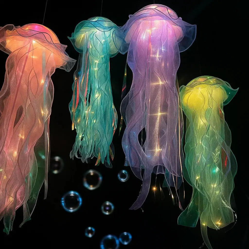 Mivoza glowing jellyfish decorative LED light hanging in a room, emitting colorful, ambient lighting for home and garden decor.