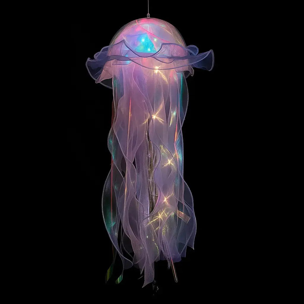 Color-changing LED jellyfish decorative light hanging in a home ambiance setting, creating a glowing underwater effect.