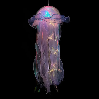 Color-changing LED jellyfish decorative light hanging in a home ambiance setting, creating a glowing underwater effect.