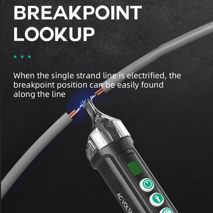 Belro non-contact voltage tester held near electrical outlet, testing for live voltage without contact, electronic testing tool in use.