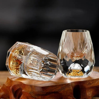 Set of six elegant crystal shot glasses by Mivoza with intricate cut glass design, perfect for stylish home bar or dining use.
