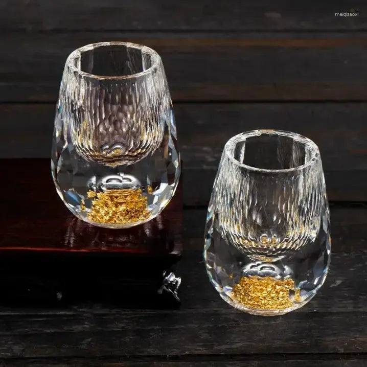 Set of six Mivoza crystal shot glasses with elegant cut glass design, perfect for premium drinkware and stylish home bar use.