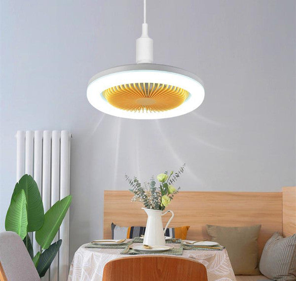 Modern Belro LED ceiling fan with sleek design, mounted on outdoor ceiling, featuring integrated lighting and brushed metal finish.