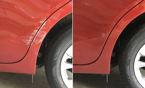 Belro Car Scratch Remover Pen for home and garden, showing the pen and a scratched car surface in a natural setting.
