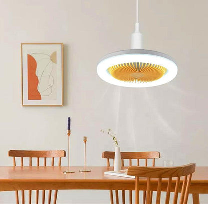 Modern Belro LED ceiling fan with sleek design, mounted on ceiling in an outdoor home setting, featuring integrated lighting and fan blades.