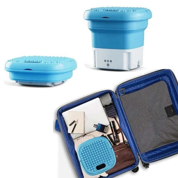 Mini folding washing machine by Belro, compact and portable outdoor laundry appliance with control panel and drum inside.