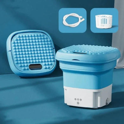 Mini folding washing machine by Belro, compact outdoor home laundry appliance with foldable design and control panel.