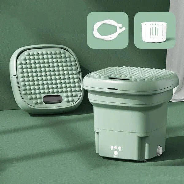 Compact Belro Mini Folding Washing Machine for outdoor use, showing its foldable design and control panel in a home and garden setting.